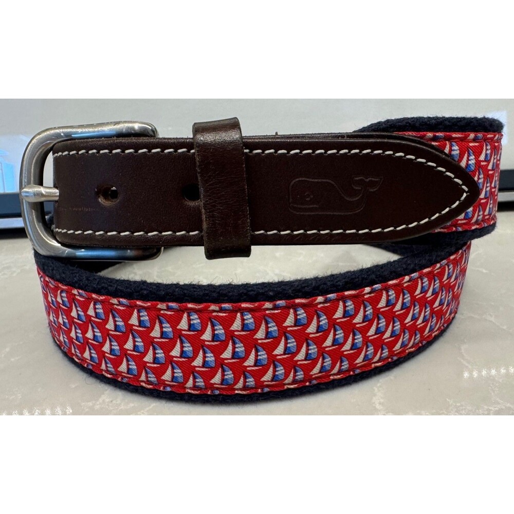 VINEYARD VINES SAILBOATS - Canvas Brown Leather Belt - Size 30